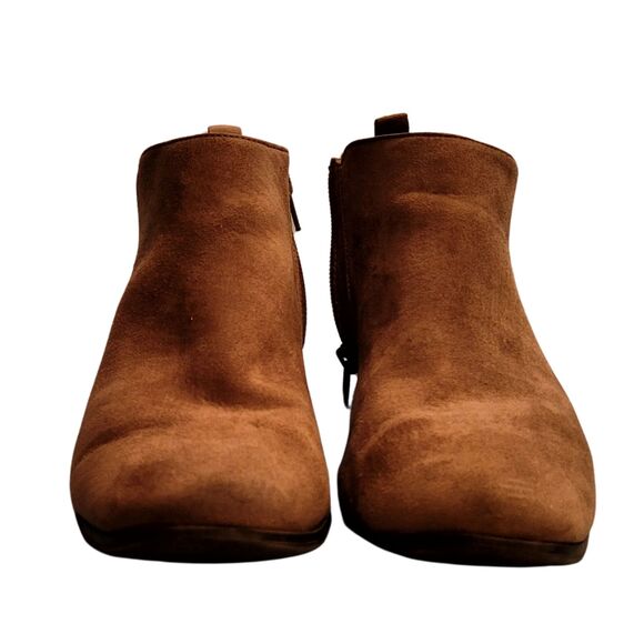 Alfani Piper Brown Suede Booties Side Zipper Memory Foam Cushion Chunky Heel - Picture 2 of 6